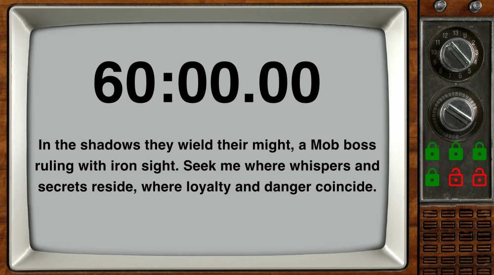 A Mob Boss themed player-facing Live View showing the timer and a clue