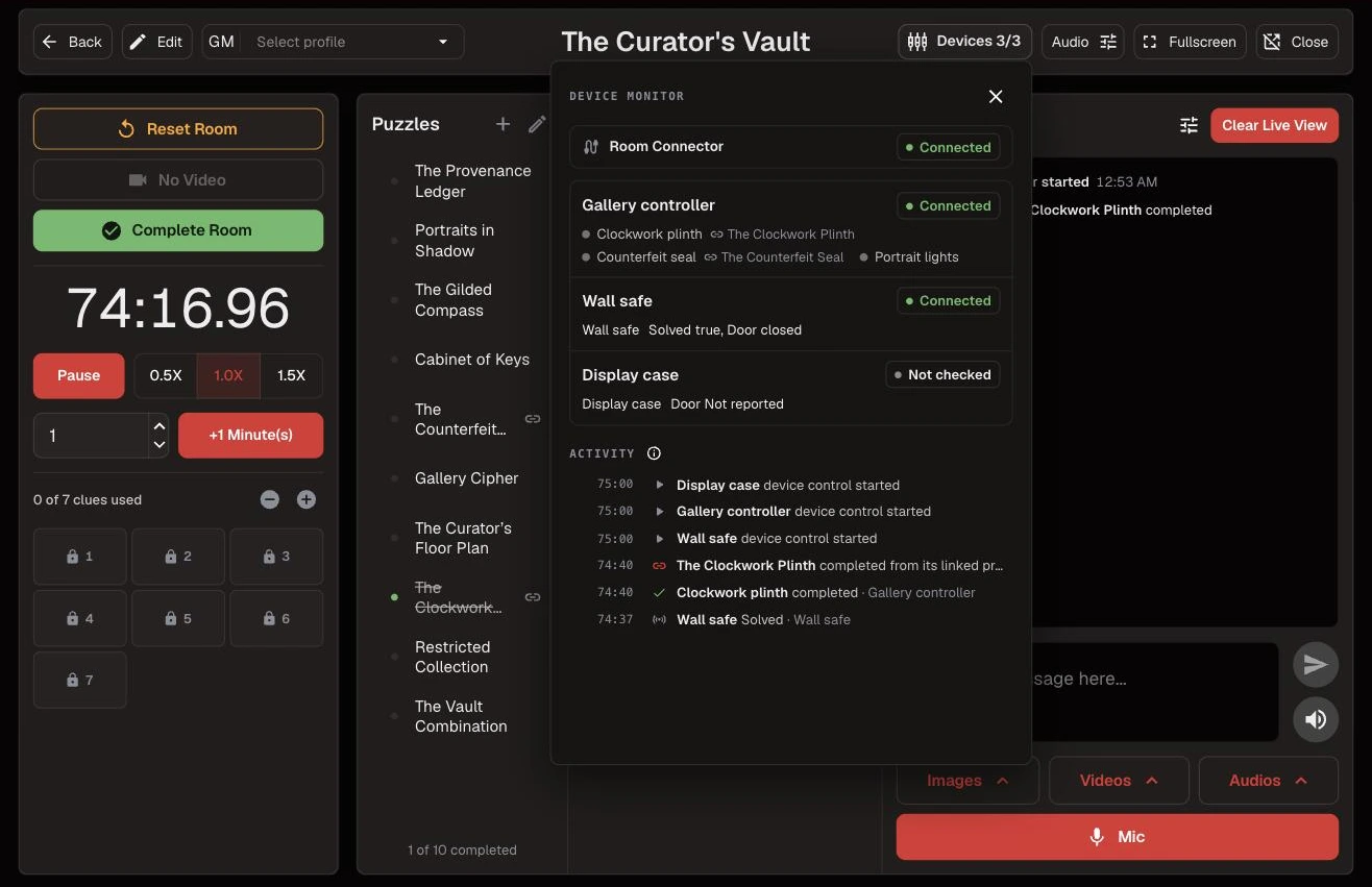 The Curator's Vault Room Dashboard during a game, with Device Monitor open: three connected devices and The Clockwork Plinth completed from its linked prop