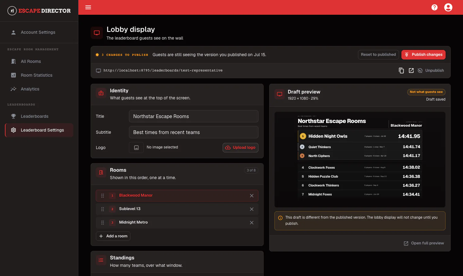 Leaderboard Settings with draft preview and publish controls