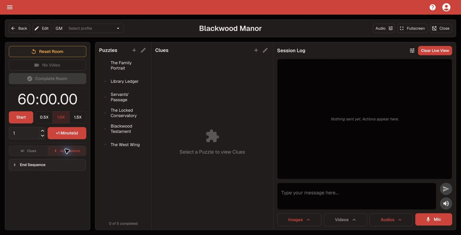 Blackwood Manor Room Dashboard with the Automations tab selected and the End Sequence Automation Button ready